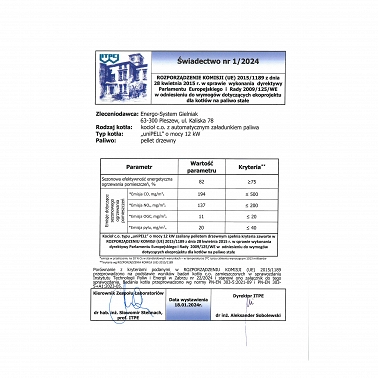 Certyfikat kotłów uniPELL - 5 Klasa i EcoDesign
